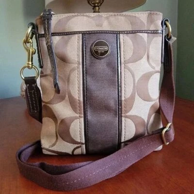Coach Signature Stripe Swingpack Khaki Brown Jacquard and Patent Leather F48806 - Image 1 of 4