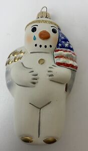 Rare Vaillancourt Folk Art VFA Snowman American Flag Glass Ornament 2001