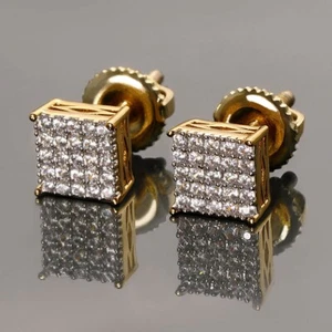 Square Stud Earrings Earrings 14K Yellow Gold Plated Tester Pass Moissanite  - Picture 1 of 6