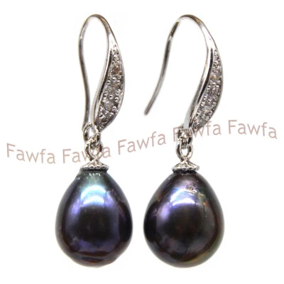 Pendientes de gancho colgantes de perlas de arroz negro natural de Tahití de 9-10 mm enchapados en 14K Foto 1 de 4
