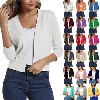 Casual Ladies Womens Coat Cardigan Open Long Sleeve Jumper Knitted Short Tops - Image 1 of 4
