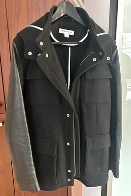 Parka Wool Hooded by Reiss Leather Sleeves White Contrast Banding Euro L/USA Med - Image 1 of 4