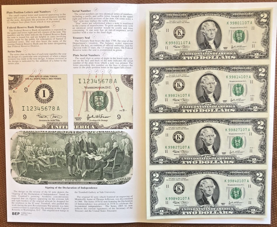 2003 Uncut Sheet of 4 $2 Dollar Bills Currency Bureau of Engraving & Printing 2 - Image 1 of 4