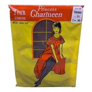 Vtg 2pr Princess Charmeen Nylon Garter Seamless Mesh Stockings Cinnamon 9 1/2 - Picture 1 of 2