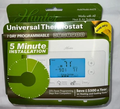 New Hunter Universal Thermostat 7-Day Programmable Model #44378 w manual - Image 1 of 4