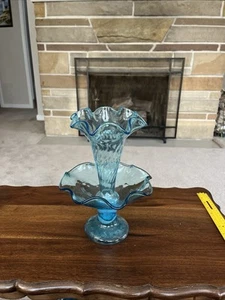 Fenton Epergne Blue Art Glass Table Centerpiece 2 Piece Ruffed Edges Unmarked - Picture 1 of 8
