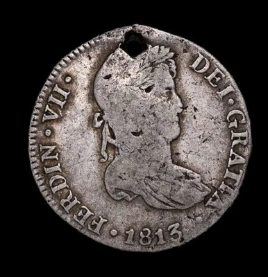 1813 年 4 年雷亚尔斯西班牙殖民银币旧硬币利马铸币厂孔海盗黄金时代 — 第 1/2 张图片