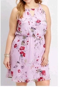 Maurices Lavendar Halter Chiffon Floral Dress Size 3X Elastic Waist Keyhole Back - Picture 1 of 13