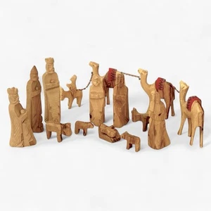 Vtg 16 Primitive Hand Carved Olive Wood Nativity Jesus Mary Joseph Wisemen Camel - Picture 1 of 7