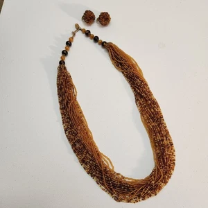 Collana Vintage Miriam Haskell Multi Filo Perline Radice Birra Ambra Con Orecchini  - Foto 1 di 16