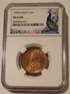 India - British George V 1935 (C) 1/4 Anna Unc MS63 RB NGC Peafowl Label - Picture 1 of 4
