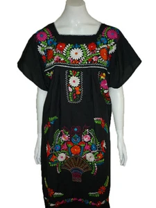 Negro Boho Vintage Estilo Bordado a Mano Túnica Vestido Mexicano Hippie Puebla - Imagen 1 de 3