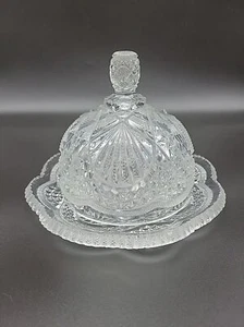 Vintage Crystal Clear Glass Domed Cheese Butter Dish 8.5 in Swag & Fan Pattern - Picture 1 of 14