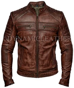 Chaqueta de cuero real inteligente marrón antigua de motociclista para hombre - Imagen 1 de 4