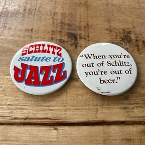 Vintage Schlitz Salute To Jazz & Out Of Beer Pinback Button Lot - Picture 1 of 2