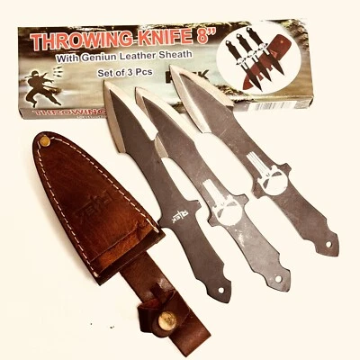 3 Pcs set Throwing Knife  8” Hunting Knife Set w/leather Sheath Punisher - Image 1 of 4