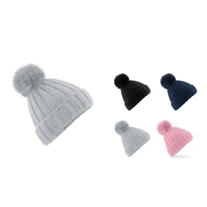 Beechfield Verbier Piel Pop Pom Grueso Gorro - Tejido Invierno Bobble Lanudo Gorra - Imagen 1 de 8
