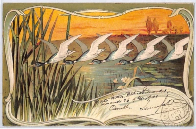 FRANCE Cols ART NOUVEAU Postcard Super *BIRDS* Design 1901 PAQUEBOT PX245 - Image 1 of 4