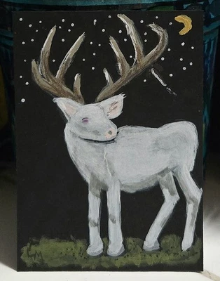 Pintura Artística Original ACEO Ciervo Albino Blanco Buck Luna Estrellas ÚNICA EN SU CLASE ATC Mini  Foto 1 de 4