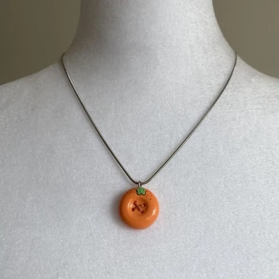 Handmade Orange Button STAINLESS STEEL Necklace Dainty Kawaii Whimsical Jewelry - Image 1 of 4