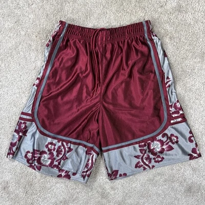 Youngs Lei Dazzle Shorts Mens S/Med Maroon Hawaiian Floral Basketball Shiny Y2K - Image 1 of 4