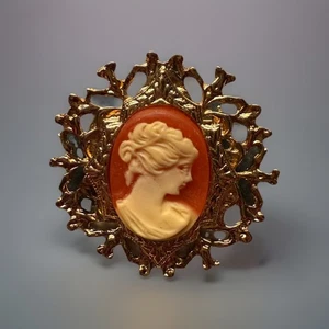 Vintage Gold Tone Cameo Brooch By Designer 1928 - Picture 1 of 4