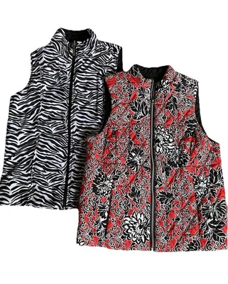Lot of 2 Ruby Rd. Small Petite Reversible Puffer Vests Zebra/Black, Red Floral - Image 1 of 4