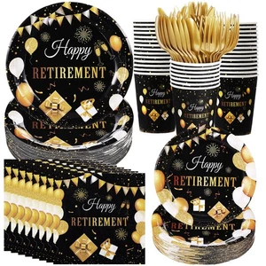 400 Pcs Happy Retirement Party Supplies Black Gold Retirement Disposable Pape... - Picture 1 of 6