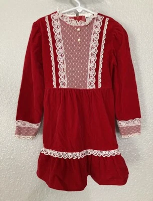 Vestido Vintage Años 70 Montgomery Ward Terciopelo Encaje Rojo Navidad Pradera Niñas Talla 6 Foto 1 de 4