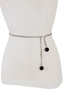 Women Narrow Band Fashion Belt Hip Waist Silver Metal Chain Black Beads XS S M - Image 1 of 4