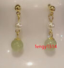 Beautiful Aaa+ White Pearl Green Jade Earrings 14k Yellow Gold Dangle Earrings