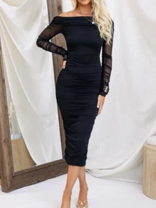 NEW TIGERMIST BLACK MESH LONG SLEEVE OFF SHOULDER RUCHED MIDI DRESS 6 10 14 - Picture 1 of 4