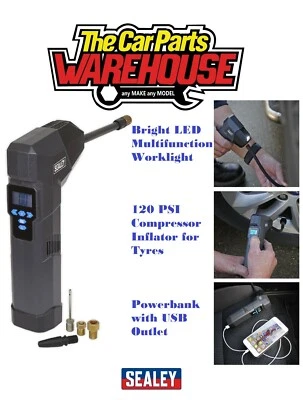 Sealey CTI120 Portable Compressor Pump Rechargeable Tyre Inflator Powerbank LED - Image 1 of 4
