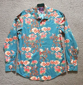 Hawes & Curtis Shirt Mayfair Slim Fit Mens M Green Cotton Bold Red Floral Print - Picture 1 of 11