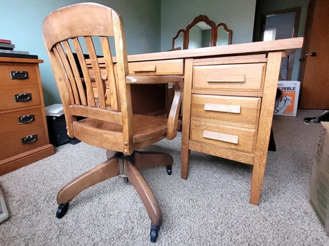 Antique Solid Oak Teacher's Desk and Chair Cover