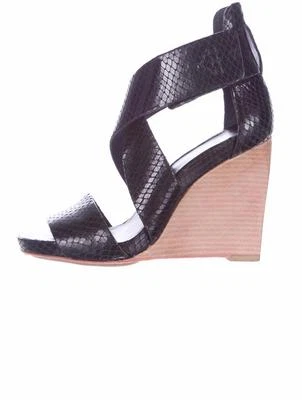 THEORY Mujer Cuero Negro Estampado Serpiente Tirantes Madera Tacón Alto Cuña Bomba 8-38 Foto 1 de 4