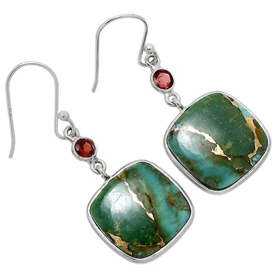 Kingman Copper Teal Turquoise & Garnet 925 Silver Earrings Jewelry E-1002 - Image 1 of 4