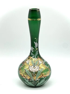 "Botella de peluquero floral pintada a mano verde satinado antigua rara 8,5""" Foto 1 de 4