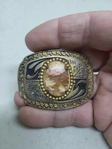 Western Style Belt Buckle With Crazy Lace Agate Center Stone. Vntg 1970's 2.5" - Picture 1 of 3