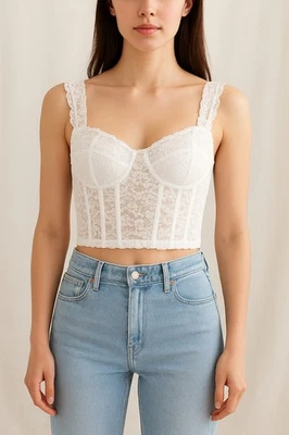 Sheer Lace Bustier Bralette Corset Top Size L Cropped Cap Sleeve White NWT - Imagem 1 de 4