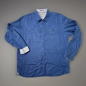 Camicia Ted Baker manica lunga con bottoni blu navy polsino infradito misto lino uomo taglia 7 3XL - Foto 1 di 11