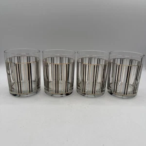 4 Culver Double Old Fashioned Glass Tumblers Gold Black & Frosted Pinstripe MCM - Picture 1 of 24