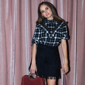 Kate Spade Black Plaid Flannel Plaid Ruffle Blouse NWT - Picture 1 of 8