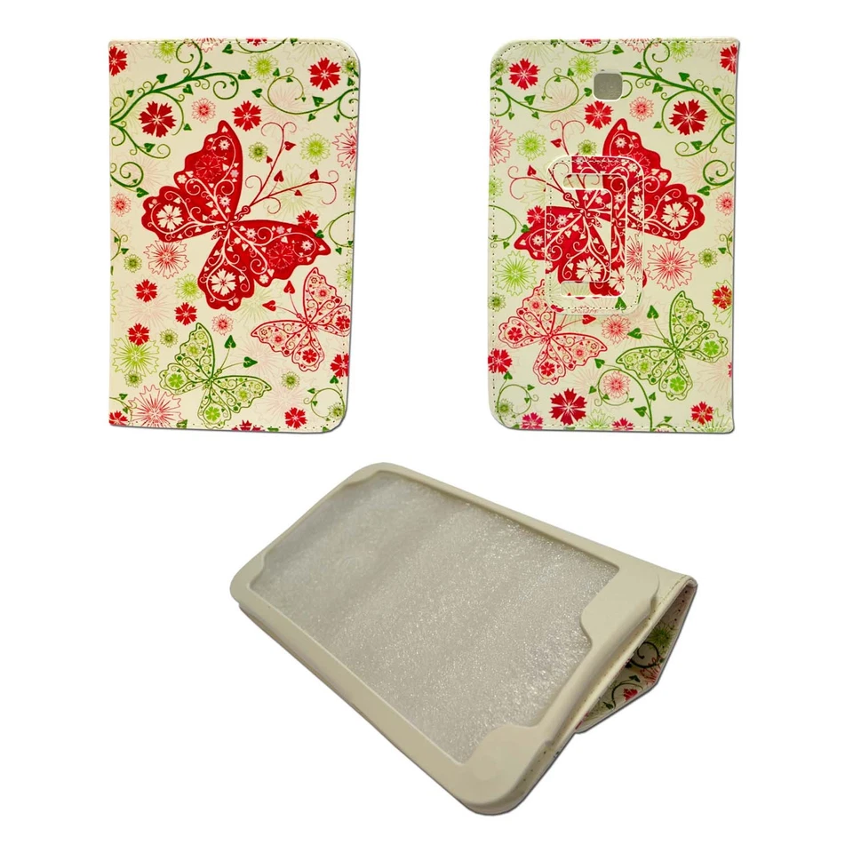 CASE SAMSUNG GALAXY TAB3 P3200 WHITE RED GREEN BUTTERFLY FLOWER PU LEATHER COVER - Image 1 of 4