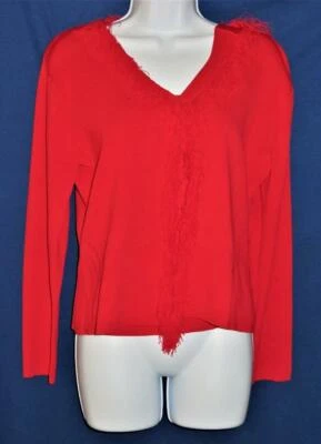VENINI Red Button Up Sweater Twinset Rayon/Nylon Fringe Trim Ladies Petite Large - Image 1 of 4