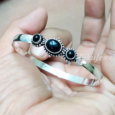 Bracciale in argento sterling 925 con pietre preziose naturali onice nera gio... - Immagine 1 di 4