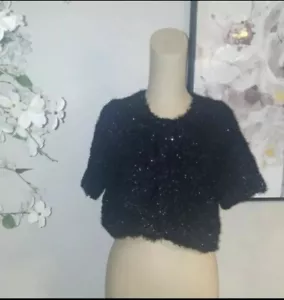 NEW. Plenty Women's Black Sparkly Cardigan Sweater Short Sleeve. Sz M. - Picture 1 of 6