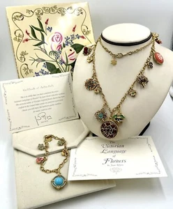 JOAN RIVERS VICTORIAN LANGUAGE OF FLOWERS Charm Necklace Bracelet Set BOX SIGNED - Picture 1 of 11