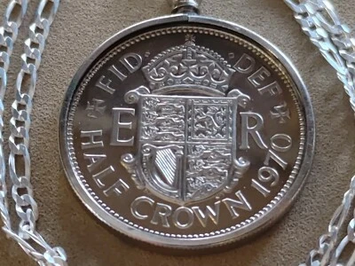  Elizabethan Proof 1970 British 1/2 Crown pendant on a 24" sterling figaro chain - Image 1 of 4