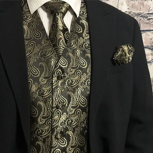 Classic Men Paisley Design Dress Vest and Neck Tie Hankie Set For Suit or Tuxedo - Picture 1 of 14